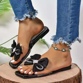 Плоские тапочки с большим бантом для женщин, новый стиль верхней одежды, модные квадратные тапочки с прозрачным ремешком в одну линию 36 чёрный