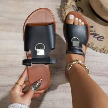 Плоские тапочки с выемкой в одну линию Летние повседневные пляжные сандалии с открытым носком 36 чёрный