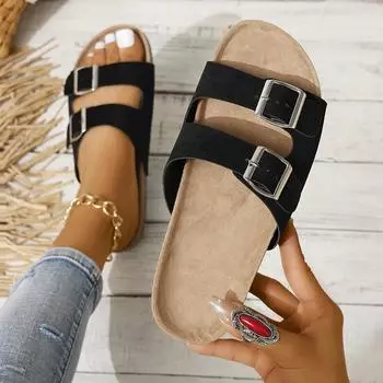 Плоские тапочки женские тапочки роскошные домашние тапочки с нескользящей пробковой подошвой женские пляжные шлепанцы для дома сандалии 2024 35 чёрный