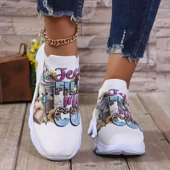 Плоские туфли из дышащей сетки с принтом для женщин, спортивные кроссовки на платформе, женская осень 2024, легкая прогулочная обувь, размер 43 36 белый