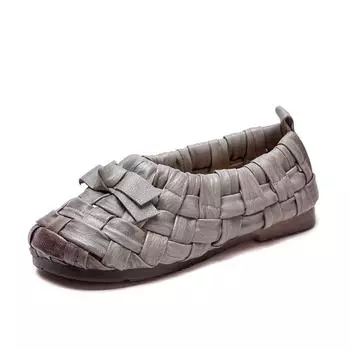 Плоские туфли из плетеной кожи для женщин с бантом, мягкие повседневные лоферы ручной работы с круглым носком 35 серый