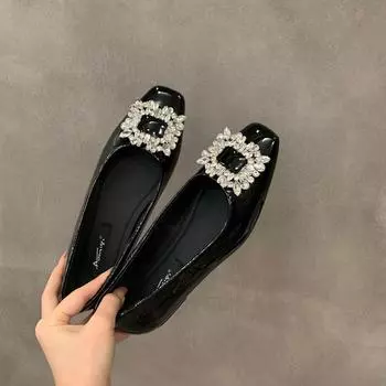 Плоские туфли серебристого цвета с квадратной головкой и стразами, женские туфли, новые летние черные туфли-бини для поездок на работу 2024 года 35 серебряный