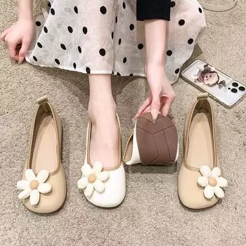 Плоские туфли женские новые весенние 2025 с коротким носком одинарные туфли для беременных женщин с мягкой подошвой туфли Doudou женские мягкие кожаные туфли в форме яичного рулета женская обувь 35