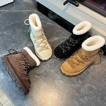 Плоские зимние ботинки Нескользящая женская зимняя обувь Большие размеры Женские ботильоны 35 бежевый