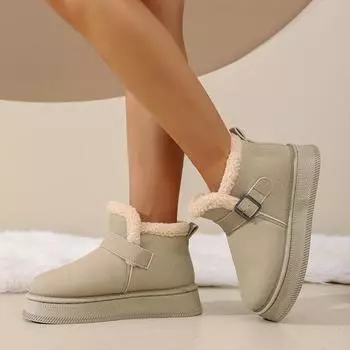 Плоские зимние ботинки Новые зимние ботинки с круглым носком и глубоким вырезом из замши с металлической пряжкой, шерстяные, защитные и нескользящие ботинки на платформе, теплые хлопковые ботинки 36