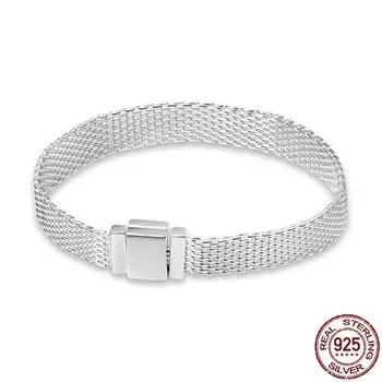 Плоский браслет из стерлингового серебра 925 пробы подходит для женских бусин, подвесок, женских модных ювелирных изделий, подарка 21cm