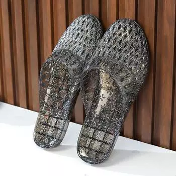 Плоское дно, кристалл, сумка, голова, полутапочки, женские, прозрачный желе, пластиковый материал, полые, нескользящие, для ванной, для дома и улицы, летний день Size 36 чёрный
