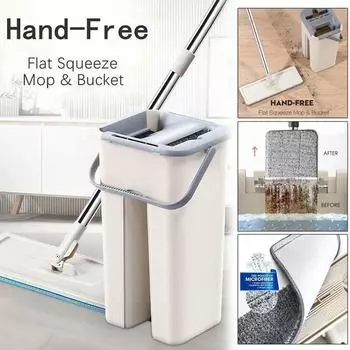 Плоское выжимное ведро для швабры Ручная свободная отжимная швабра из нержавеющей стали Самостоятельная влажная и сухая уборка Швабра из микрофибры Система очистки пола 1 mop and 1 Pad хаки