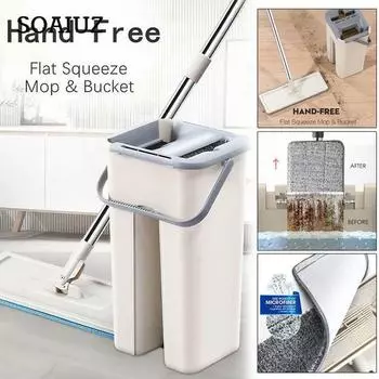 Плоское выжимное ведро для швабры Ручная свободная отжимная швабра из нержавеющей стали Самостоятельная влажная и сухая уборка Швабра из микрофибры Система очистки пола 1 mop and 1 Pad хаки