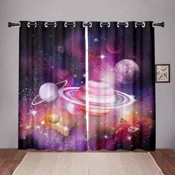 Плотная 90% затенение, 2 шт., плотная оконная занавеска с рисунком «Космос, Планета Вселенная», для спальни, гостиной, ванной комнаты, кухни, прихожей W50 X H130(CM)X2&Hook