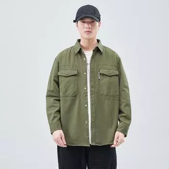 Плотная хлопковая рубашка свободного покроя в японском ретро-стиле, куртка темно-серого цвета, армейский зеленый цвет, ююба M