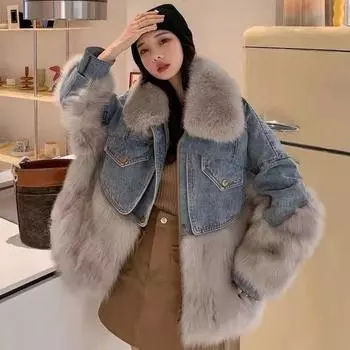Плотная повседневная джинсовая парка с искусственным мехом лисы для женщин M чёрный