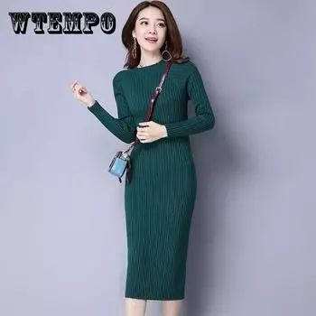 Плотное и теплое вязаное платье с длинными рукавами осенью и зимой Корейский вариант узкой и тонкой базовой длинной юбки-свитера L