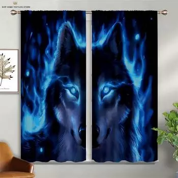 Плотные 3D-шторы, звездное небо, волк, животное, подходят для учебы, общежития, спальни, декоративные, 2 шт. W100xH130(CM) folio&Grommet Top