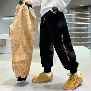 Плотные брюки из овечьей шерсти для мальчиков, зимние детские брюки из плюша и хлопка, детские спортивные брюки, теплая одежда для зимнего отдыха для подростков 5-14 лет 120 серый