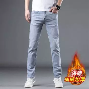 Плотные джинсы мужские осенние прямые узкие утолщенные на флисовой подкладке молодежные повседневные мужские брюки осенние и зимние мужские длинные брюки 28 синий