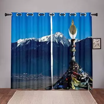 Плотные плотные занавески с затенением 90% для пейзажа Shangri-La Snow Mountain, оконные шторы для спальни, гостиной, ванной комнаты, кухни, двери зала W50 X H130(CM)X2&Hook