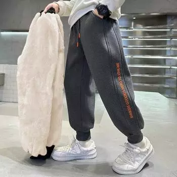 Плотные штаны из овечьей шерсти для мальчиков, детские зимние брюки из плюша и хлопка, теплая одежда для зимней погоды для подростков, спортивные штаны для детей 5-14 лет 120 чёрный