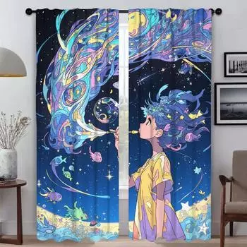 Плотные шторы 2 шт. Шепот звезд для домашнего интерьера Шторы для гостиной Украшение на Хэллоуин Оконные шторы для детей W50xH70cmx2pcs-CL