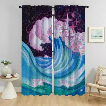 Плотные шторы для гостиной, шторы Wave Sun Anti-mosquit, шторы из 2 предметов, тюль для спальни, украшение на Хэллоуин W50xH70cmx2pcs