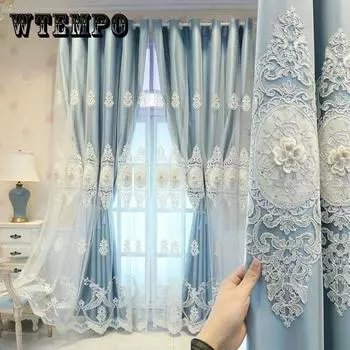 Плотные шторы, европейские двухслойные шторы, пряжа для гостиной, спальни, плотные, роскошные, с тиснением и вышивкой, карниз для штор 170*270cm*2pcs темно-синий