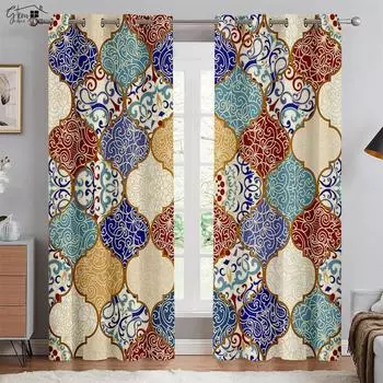 Плотные шторы Шторы с принтом в клетку Шторы в стиле ретро-богемного стиля Шторы для спальни Гостиная Кабинет Декоративные шторы W100xH130(CM) folio&Grommet Top