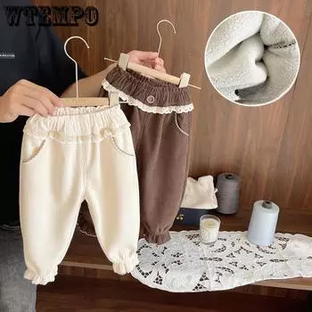 Плотные вельветовые брюки для девочек на зиму, детские теплые цельные вельветовые брюки в стиле вестерн для девочек 73