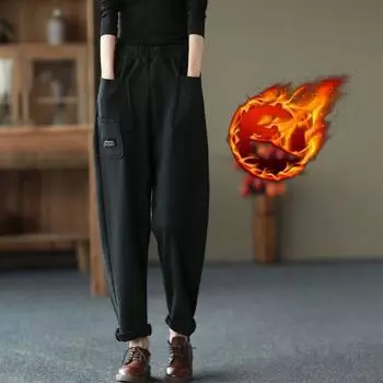 Плотные женские осенне-зимние модные ретро-брюки с эластичной резинкой на талии, повседневные прямые брюки-харлан с карманами в стиле «морковка» 5XL чёрный