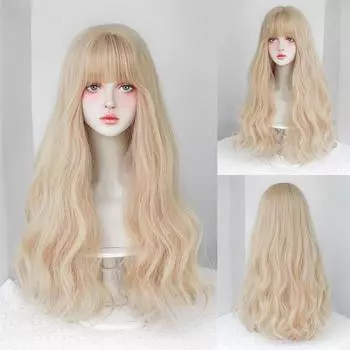Плотный длинный волнистый парик, женский парик с челкой, блондинка, косплей Лолита, повседневные синтетические парики, термостойкое волокно, натуральные искусственные волосы 24inches золотой