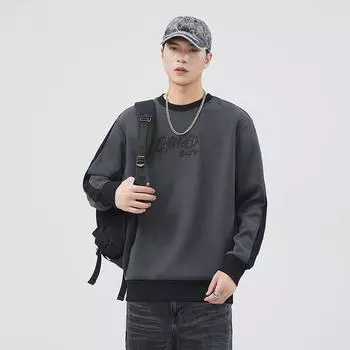 Плотный флисовый полосатый контрастный цвет свитер с круглым вырезом мужской сезонный модный брендовый вышитый свободный повседневный пуловер M темно серый