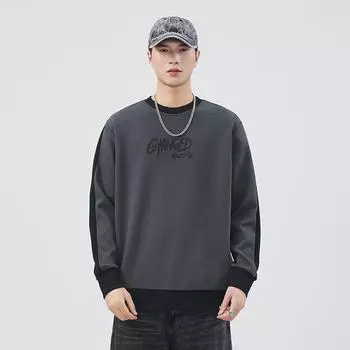 Плотный флисовый полосатый контрастный цвет свитер с круглым вырезом мужской сезонный модный брендовый вышитый свободный повседневный пуловер M темно серый