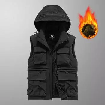 Плотный хлопковый жилет с добавлением флиса, мужской, больших размеров, свободного кроя, на бретелях, теплый жилет, с капюшоном, повседневная плотная куртка 6XL чёрный