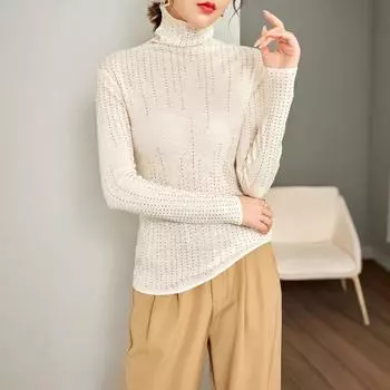 Плотный полосатый свитер тонкой вязки из шелка и шерсти тутового дерева с ромбовидным тиснением для женщин - коллекция осень/зима 2024 года. 115