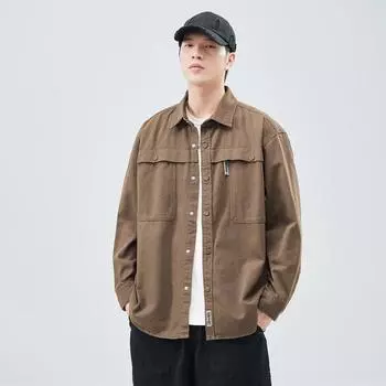 Плотный стираный хлопок, японский ретро-трендовый бренд, свободная повседневная рубашка, куртка коричневого цвета с одним воротником M темно-коричневого
