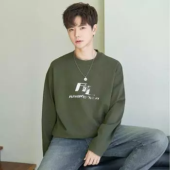 Плотный свитер с круглым вырезом из чистого хлопка с длинными рукавами, мужской весенне-осенний набивной низ, свободный свитер с рубашкой сверху S зелёный