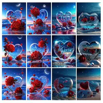 Пляж Красная Любовь Роза Алмазная Картина Новые Поступления Diy Полный Квадратный Круглый Дрель Горный Хрусталь Вышивка Цветы Мозаика Наборы Для Вышивки Крестом Настенный Декор Square drill 30x40cm