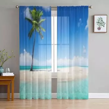 Пляж на острове Каталина, доминиканские тюлевые прозрачные шторы для гостиной, спальни, кухни, украшения, вуаль, занавески из органзы 135W x 114H(cm)