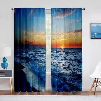 Пляж, океан, тропический пейзаж, прозрачная вуаль, гавайский закат, морские волны, тюлевая занавеска для гостиной, спальни, кухни, декор 1 PCS W100XH250cm&Rod Pocket