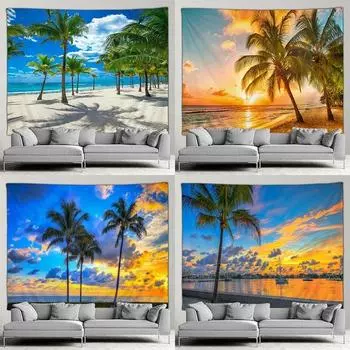Пляж Пальмы Сумерки Закат Пейзаж Гобелен Настенное Художественное Украшение Фон Ткань Шторы Пляжное Полотенце Домашний Декор 100x75cm