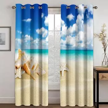 Пляж Солнце 3D Шторы Морская звезда Ракушка Синие Шторы Спальня Балкон Окно Декоративные Шторы 2 Панели 50W130H(CM)X2PCS&Grommet Top