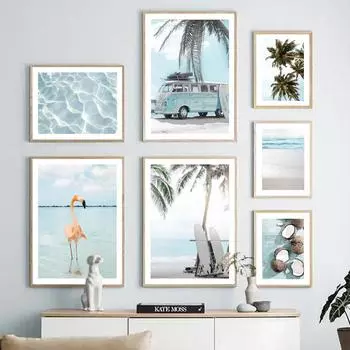 Пляжная доска для серфинга, фургон, пальмовый лист, волна, кокос, настенная живопись, холст, картина, фламинго, плакат на скандинавскую тему, настенные панно, Декор в гостиную A4 21X30cm No Framed