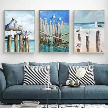 Пляжная картина с чайкой, печать на холсте, настенный художественный постер, птица, животное, прибрежный пейзаж, синяя картина для гостиной, домашний декор, Cuadros 21x30cm No Framed