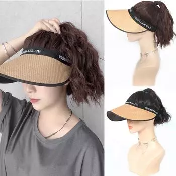 Пляжная кепка от солнца, весна-лето, солнцезащитная шляпа, парик, синтетический короткий волнистый парик с хвостиком, легко носить, шляпа, парики для женщин