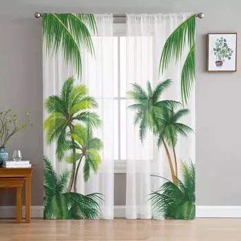 Пляжная кокосовая пальма Летняя обработка окна Тюль Современные прозрачные шторы для кухни Гостиная Спальня Шторы Украшения W135 x H114cm