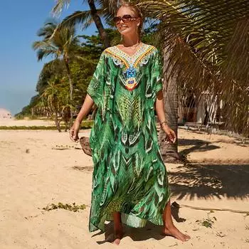 Пляжная накидка Длинный зеленый кафтан с богемным принтом и v-образным вырезом с рукавами «летучая мышь» Уличная одежда Платье макси Женская пляжная одежда Купальный костюм Q1336 one size зелёный