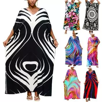 Пляжная накидка с красочным цветочным принтом, свободный халат для отдыха, бикини, рубашка от солнца One Size чёрный