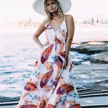 Пляжная накидка, туники для пляжа, длинный кафтан с принтом листьев, бикини, пляжная накидка на купальник, Q568 красный