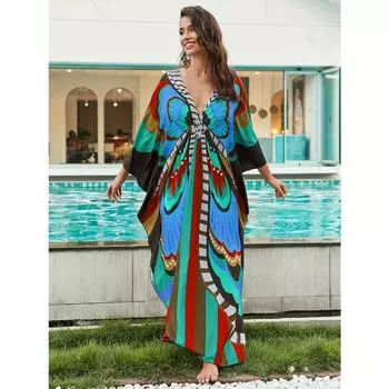 Пляжная накидка в стиле бохо-шик больших размеров, женская пляжная накидка с принтом бабочек, рукавами «летучая мышь», свободным кроем, макси, китайским узлом, V-образным вырезом, пляжный кафтан One-size синий