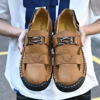 Пляжная обувь мужская 2025 года, новые летние дышащие полые кожаные туфли, мужские сандалии с мягкой подошвой и нескользящей сумкой на голову, повседневные туфли с отверстиями 38 чёрный