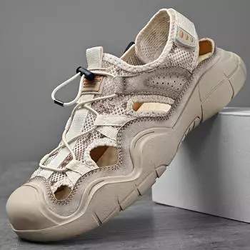 Пляжная обувь мужская летняя 2024 года, дышащие полые сандалии, мужская кожаная мягкая подошва, сумка-мешок, для спорта на открытом воздухе, повседневная обувь больших размеров 38